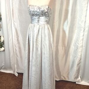 Speechless Vintage Silver Strapless Dress, Sequin, Satin Waist, Pleats, Bow, 2